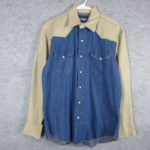 Wrangler Shirt Jacket Mens Large Beige Blue Denim Long Sleeve Shacket Western
